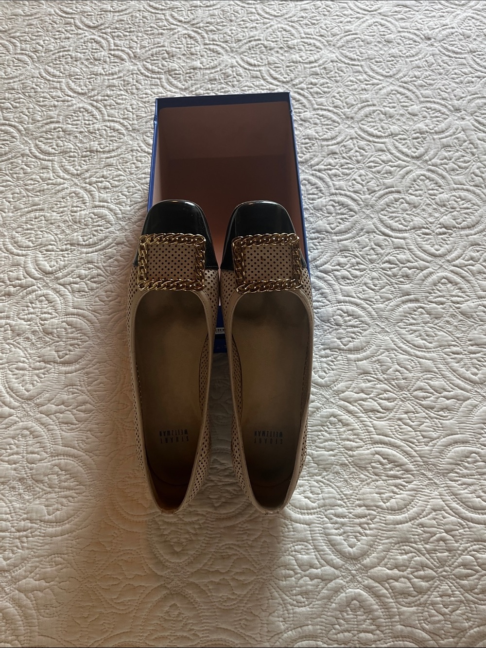 Stuart Weitzman Cream Perforated Loafers with Black Patent Toe & Gold Chain